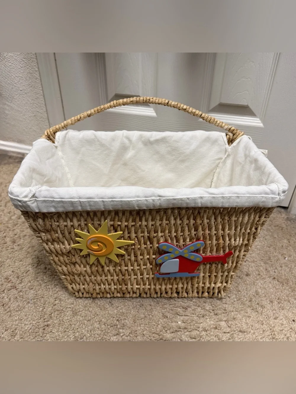 Kids Woven Toy or baby organization Basket, cream color Liner decorative Accents